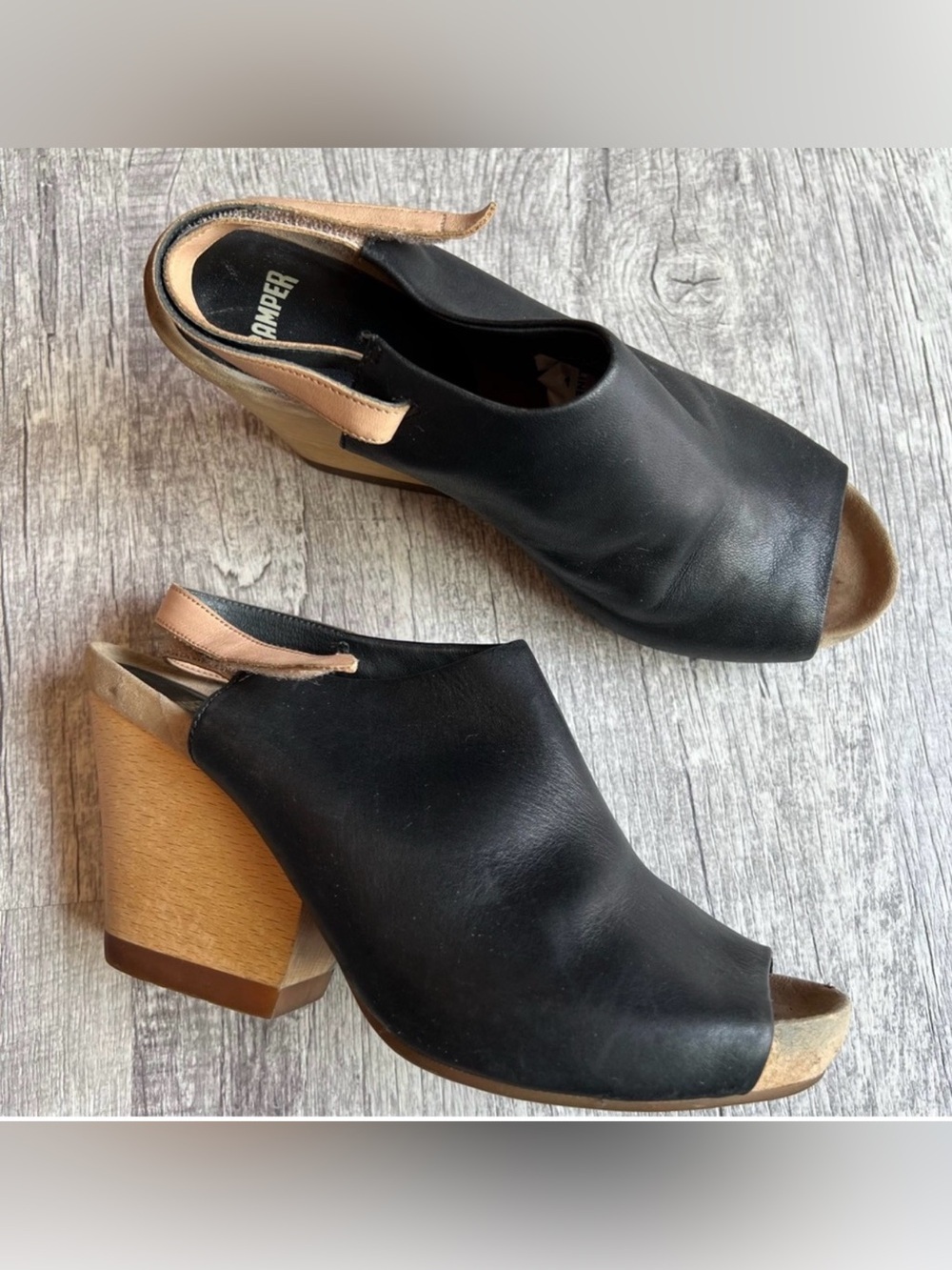 Camper Allegra Leather Peep Toe Mule Wedge Sandal , size 37/7 US